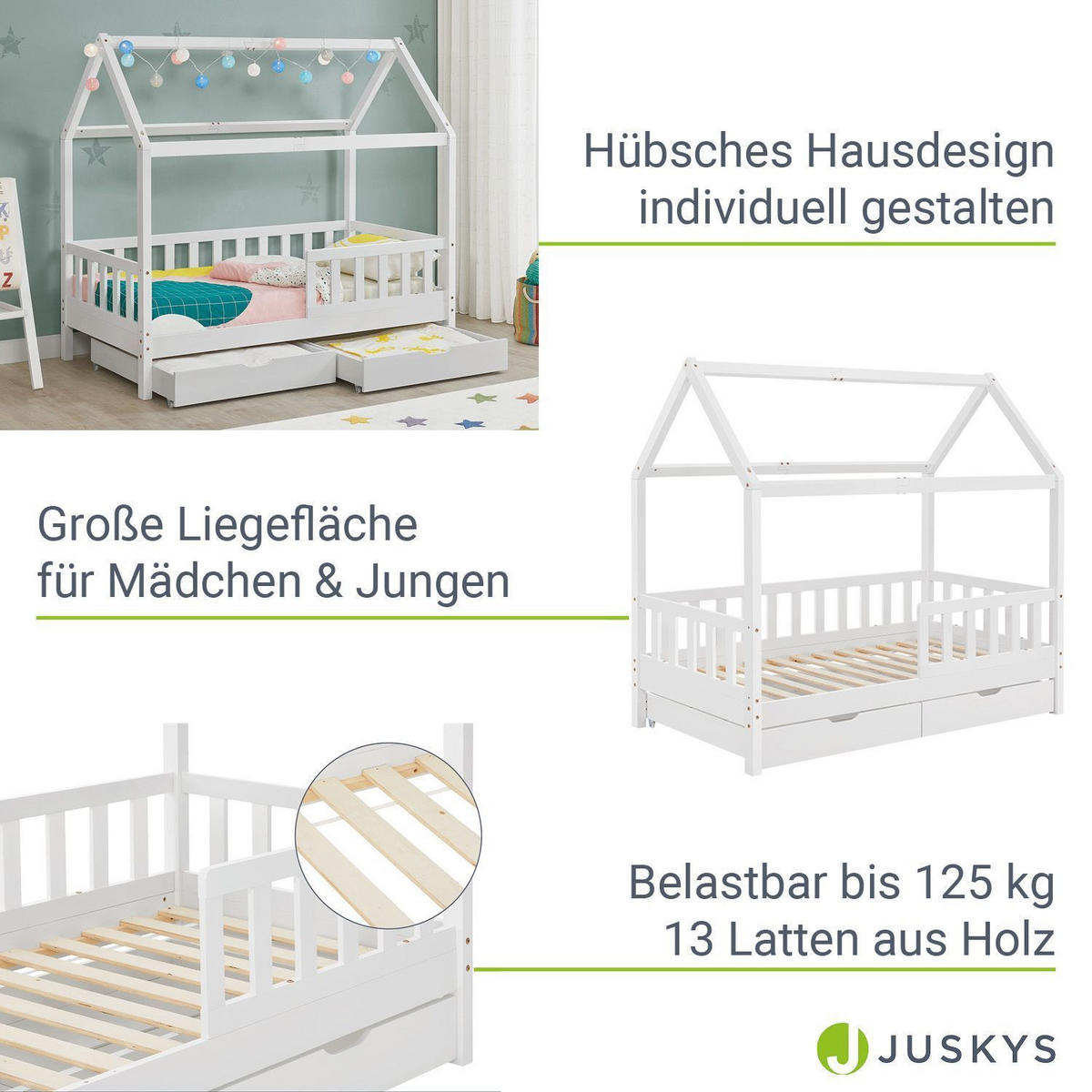 KINDERBETT Marli mit Matratze und Bettkasten weiß 90x200 cm - Weiß, Holz (90/200cm) - Juskys