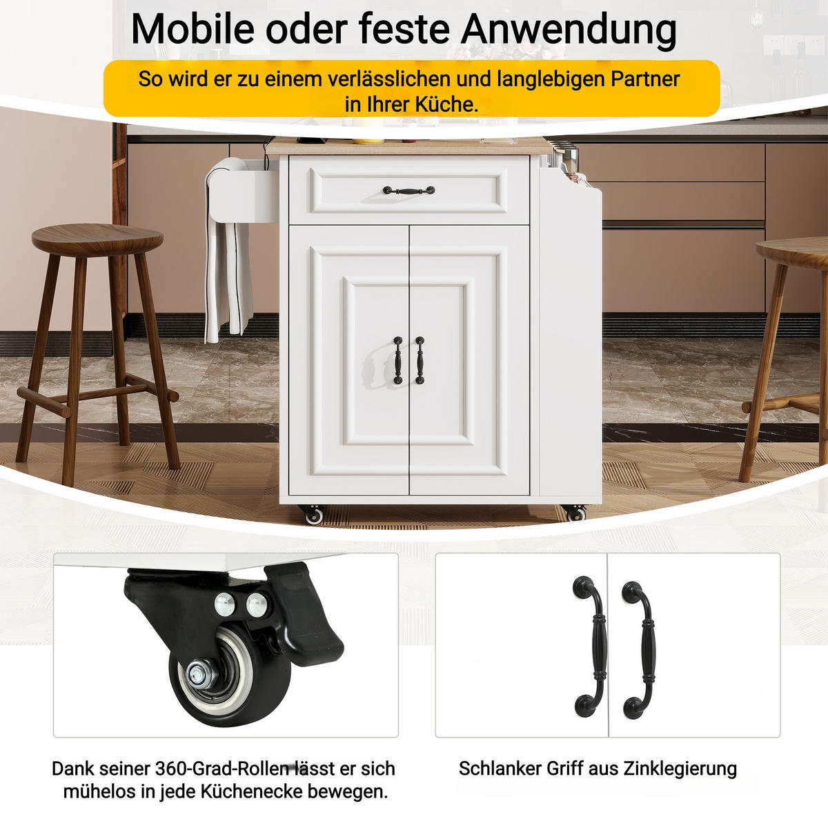 KÜCHENWAGEN 66/40-60/90 cm in Weiß mit klappbarer Arbeitsplatte und Rollen - Weiß, Holzwerkstoff (66/90/38cm) - Flora Grace