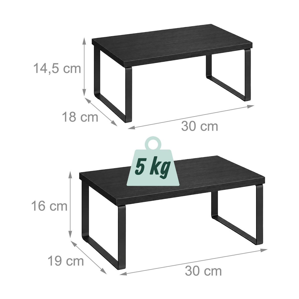 GEWÜRZREGAL Schwarz 2er-Set stapelbar MDF Eisen 60 cm - Schwarz, Holz/Metall (29.5/15.5/30cm) - Relaxdays