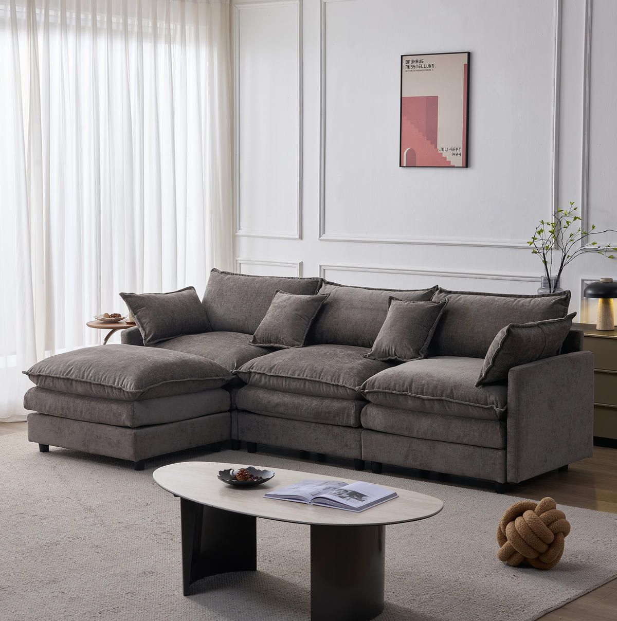 ECKSOFA 266/160/83 cm aus Chenille mit modularem Hocker Grau - Grau, Textil (154/267cm) - Modenvie