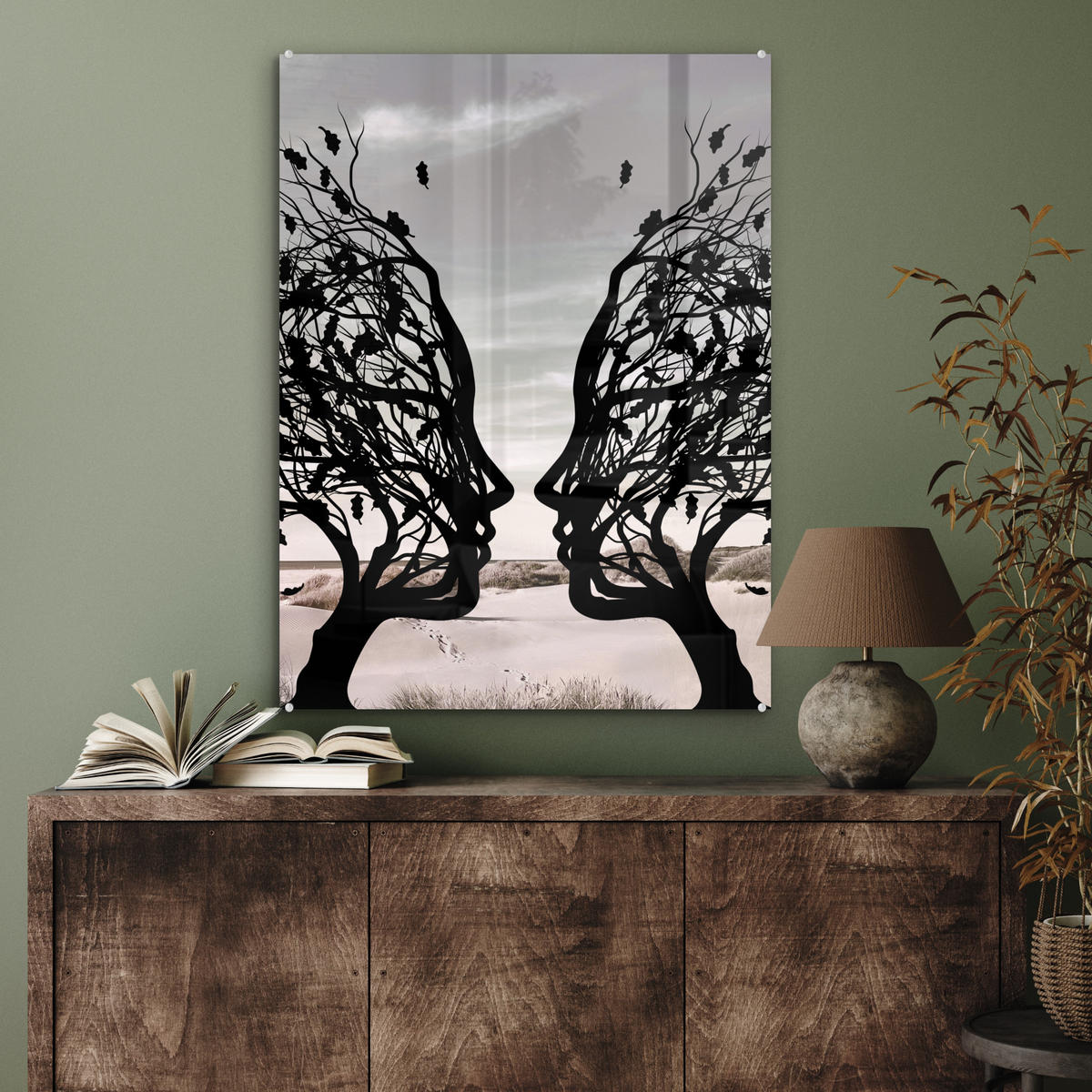 ACRYLGLASBILD Strand - Meer - Menschen - Baum - Moderne Kunst 60x80 cm - Hellgrau, Glas (60/80cm) - MuchoWow