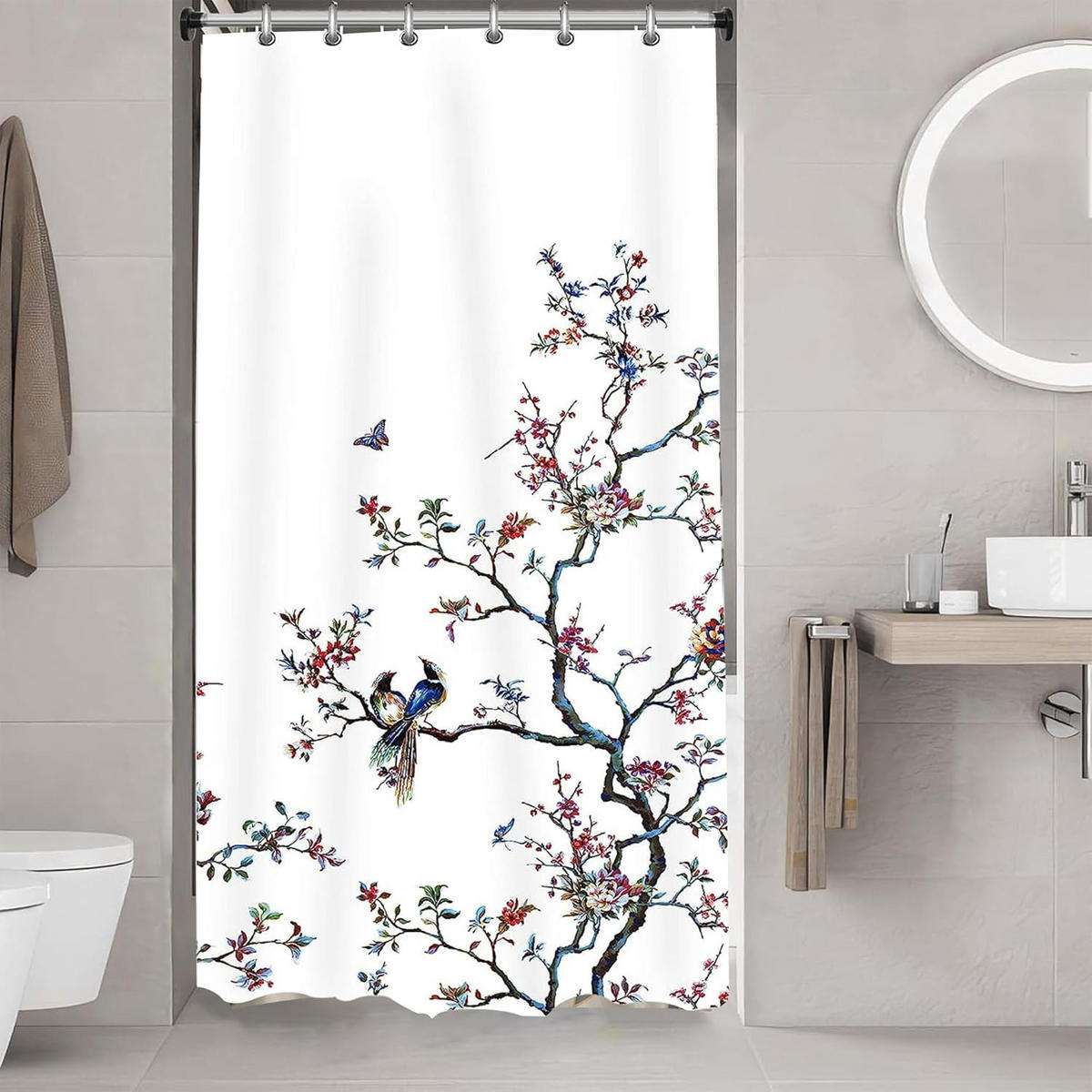 DUSCHVORHANG Weiß Vogel Muster 90 x 180 cm schimmelresistent mit Haken - Multicolor, Textil (90/180cm) - MCBOSON