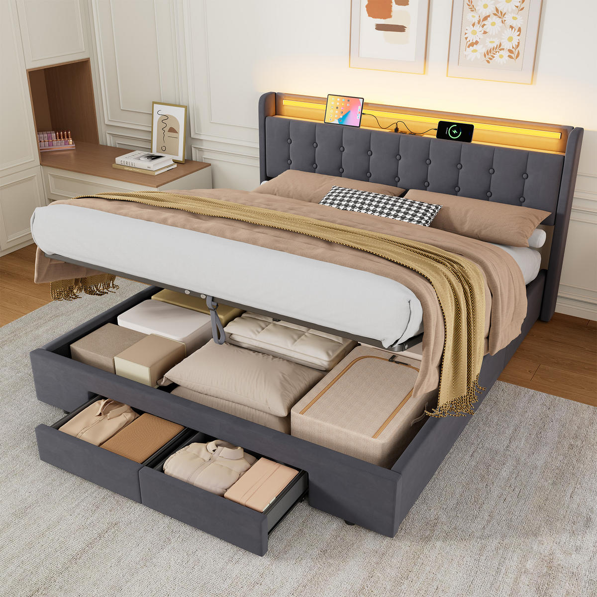 POLSTERBETT 180/200 cm in Dunkelgrau Samt mit Bettkasten, Schubladen und USB/LED-Beleuchtung - Dunkelgrau, Holzwerkstoff/Textil (180/200cm) - CHICFURN
