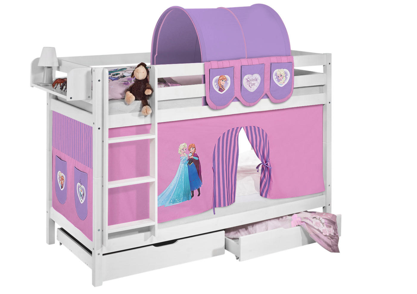 ETAGENBETT JELLE 90x190 cm Frozen lila - Hochbett - inkl. Vorhang und 2 Lattenrosten - Weiß, Holz - Lilokids