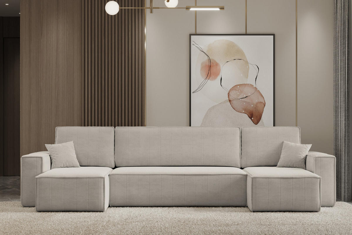 WOHNLANDSCHAFT Hugo U-Form Cordstoff mit Schlaffunktion und Bettkasten - Beige, Textil (312/83/142cm) - VENASI MÖBEL