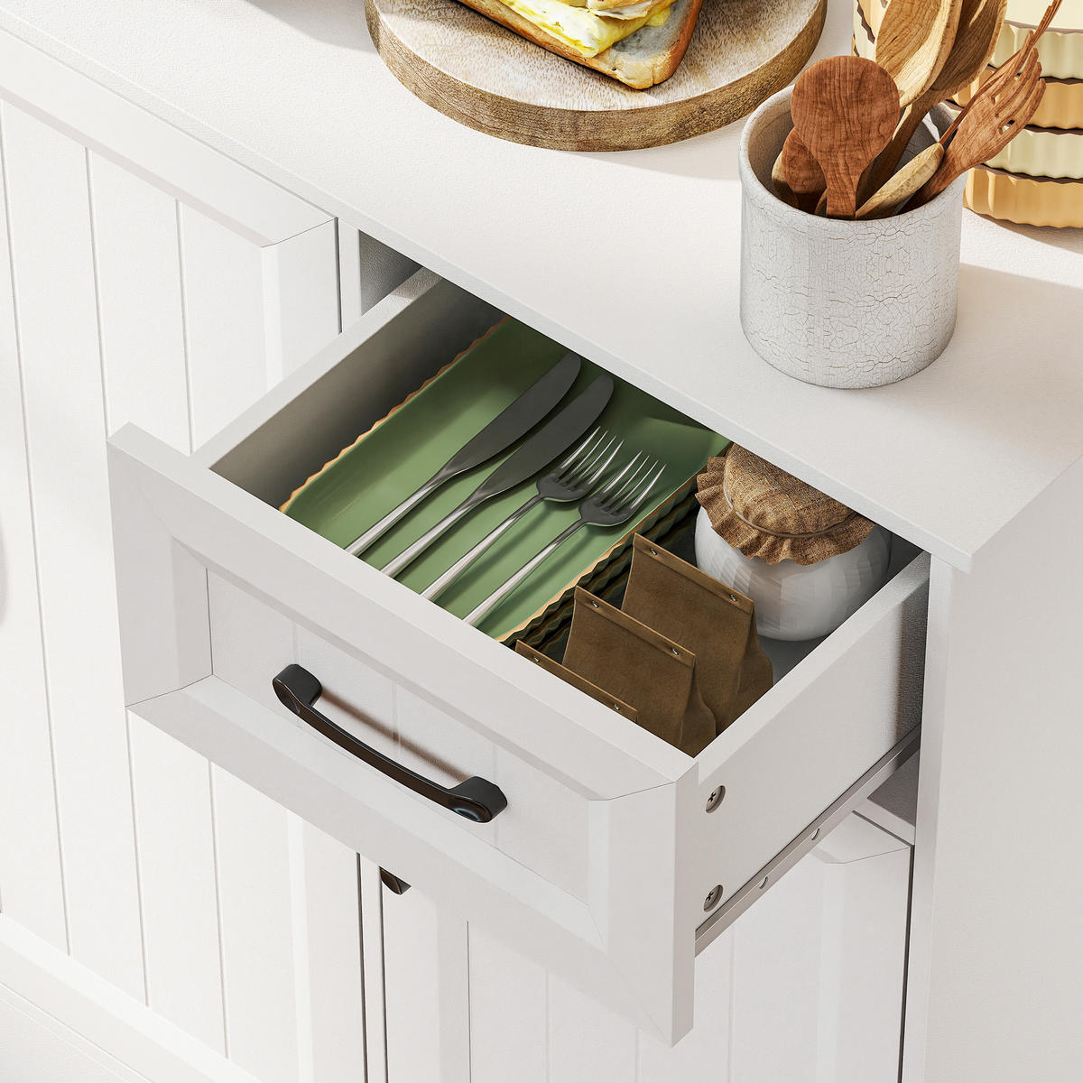 BUFFET DE-08694 180 cm mit Arbeitsfläche & Kabelloch Weiß - Weiß, Holzwerkstoff (39.5/180.5/100cm) - ComfortXL