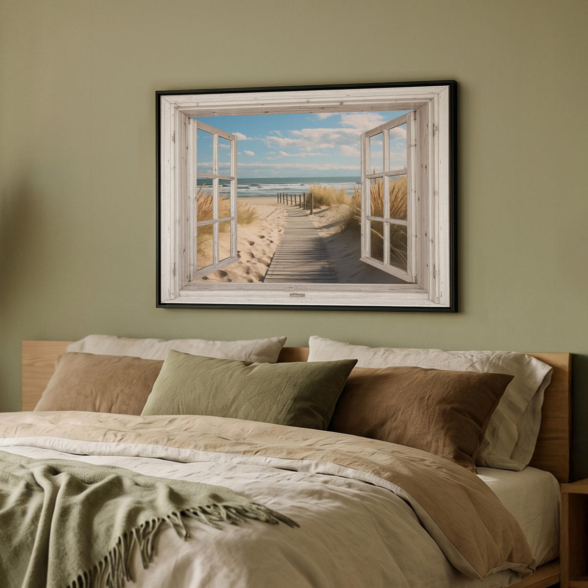LEINWAND Bilder mit Rahmen - Fenster - Meer - Küste - Natur - Ausblick - Strand - Wattenmeer - 80x60 - Beige, Textil (80/60cm) - MuchoWow