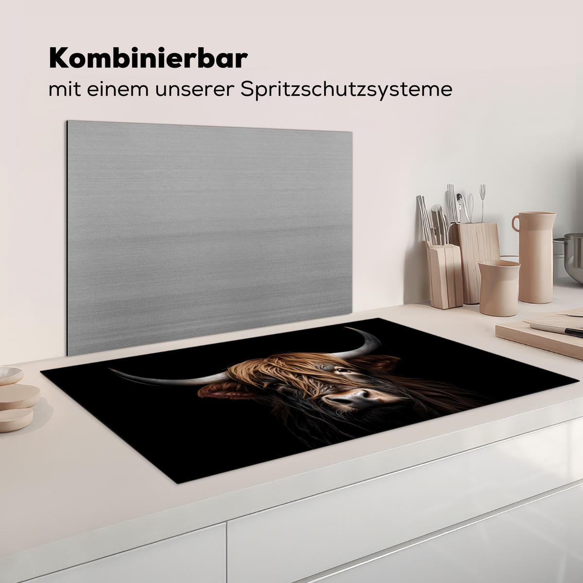 KRYT NA INDUKČNÍ DESKU Skotský horal - Portrét - Černá - Zvíře 91.2x52 cm - hnědá, plast (91.2/52/0.2cm) - MuchoWow