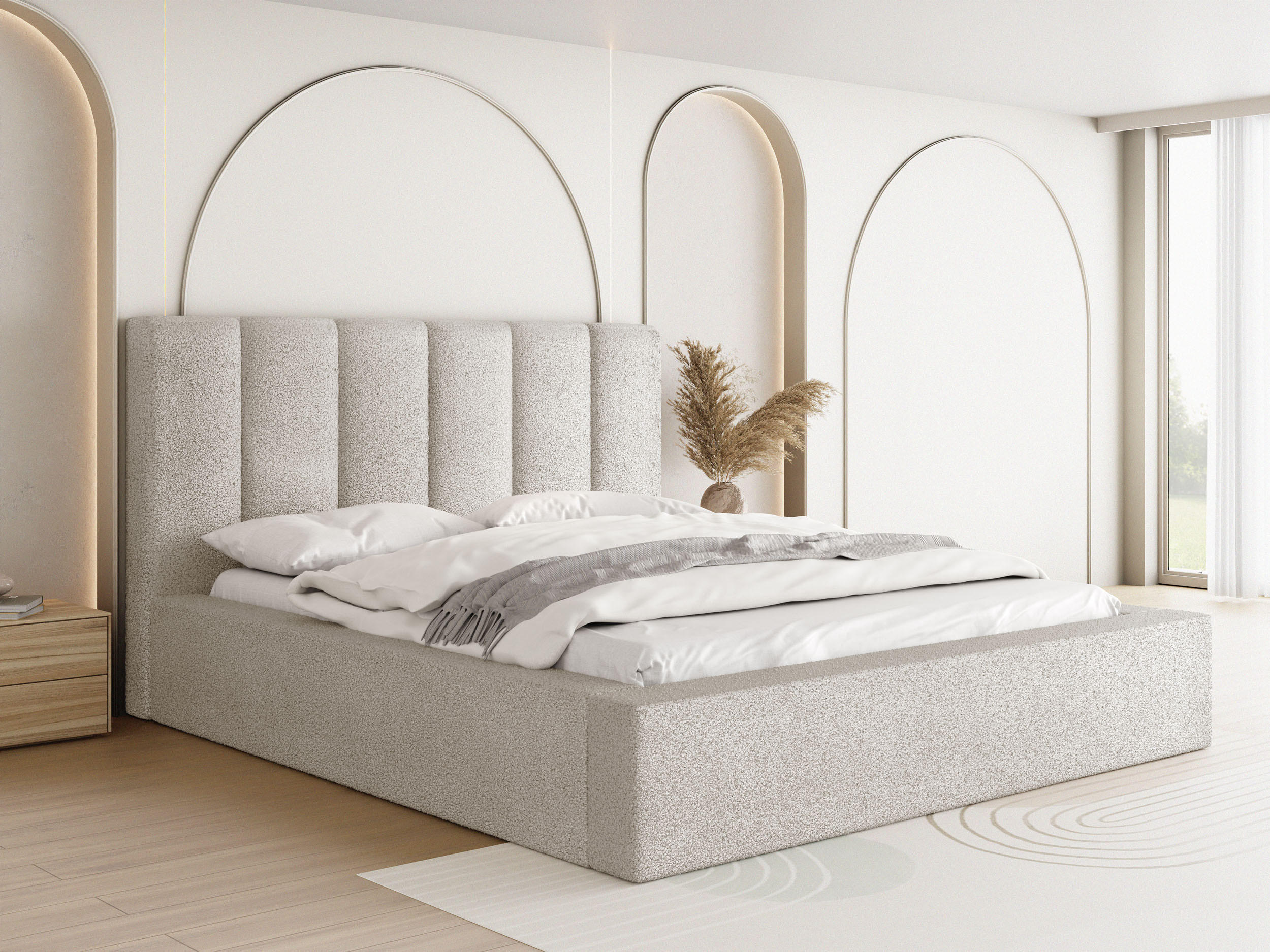 POLSTERBETT Amira mit Bettkasten, Creme Boucle 120x200 cm - Birkefarben/Schwarz, Holz/Holzwerkstoff (120/200cm) - WFL GROUP