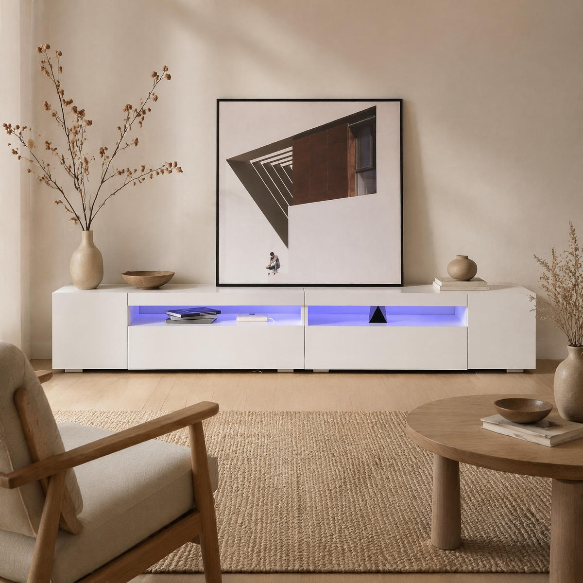 TV STOLEK bílý, světlý panel, LED osvětlení, do obývacího pokoje a jídelny, 240×38,5×35,5 cm - bílá, kov/kompozitní dřevo (240/35/39cm) - STILVORA
