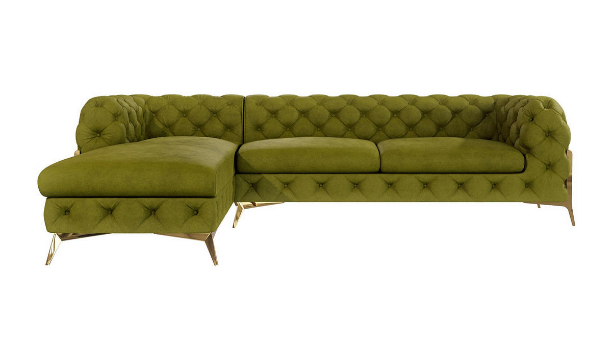 ECKSOFA Chesterfield Lexi Olive Samt, Ottomane links - Goldfarben/Olivgrün, Holz/Textil (305/200cm) - S-Style Möbel