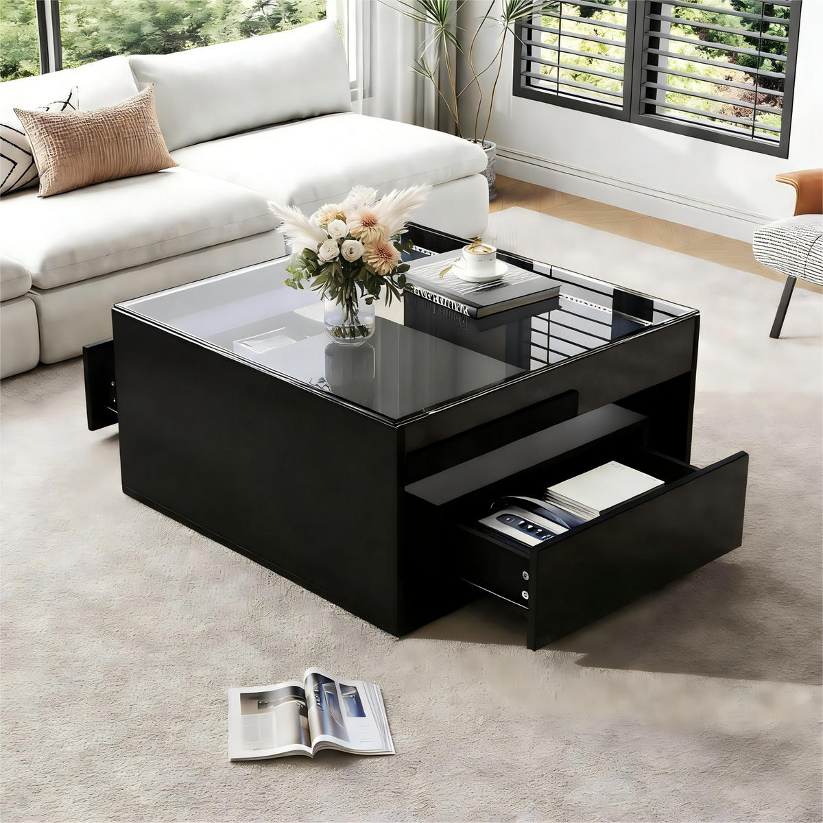 COUCHTISCH 70x70x35 cm mit 2 Schubladen, Hochglanz mit LED, Schwarz - Schwarz, Holzwerkstoff (70/70/35cm) - FLIEKS