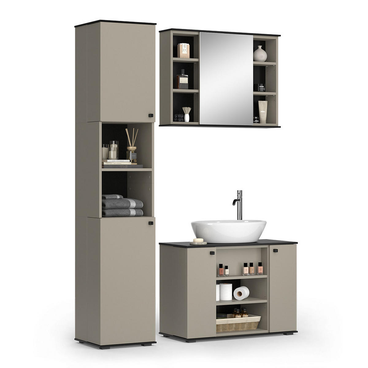 BADMÖBEL-SET Joli Greige 3 Teile, mit Hochschrank - Greige/Schwarz, Holzwerkstoff (80/59/37cm) - Vicco