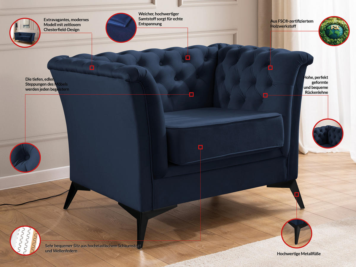 CHESTERFIELD-SESSEL Whitby Marineblau Samt mit schwarzen Füßen - Schwarz/Dunkelblau, Holz/Textil (116/78/82cm) - S-Style Möbel
