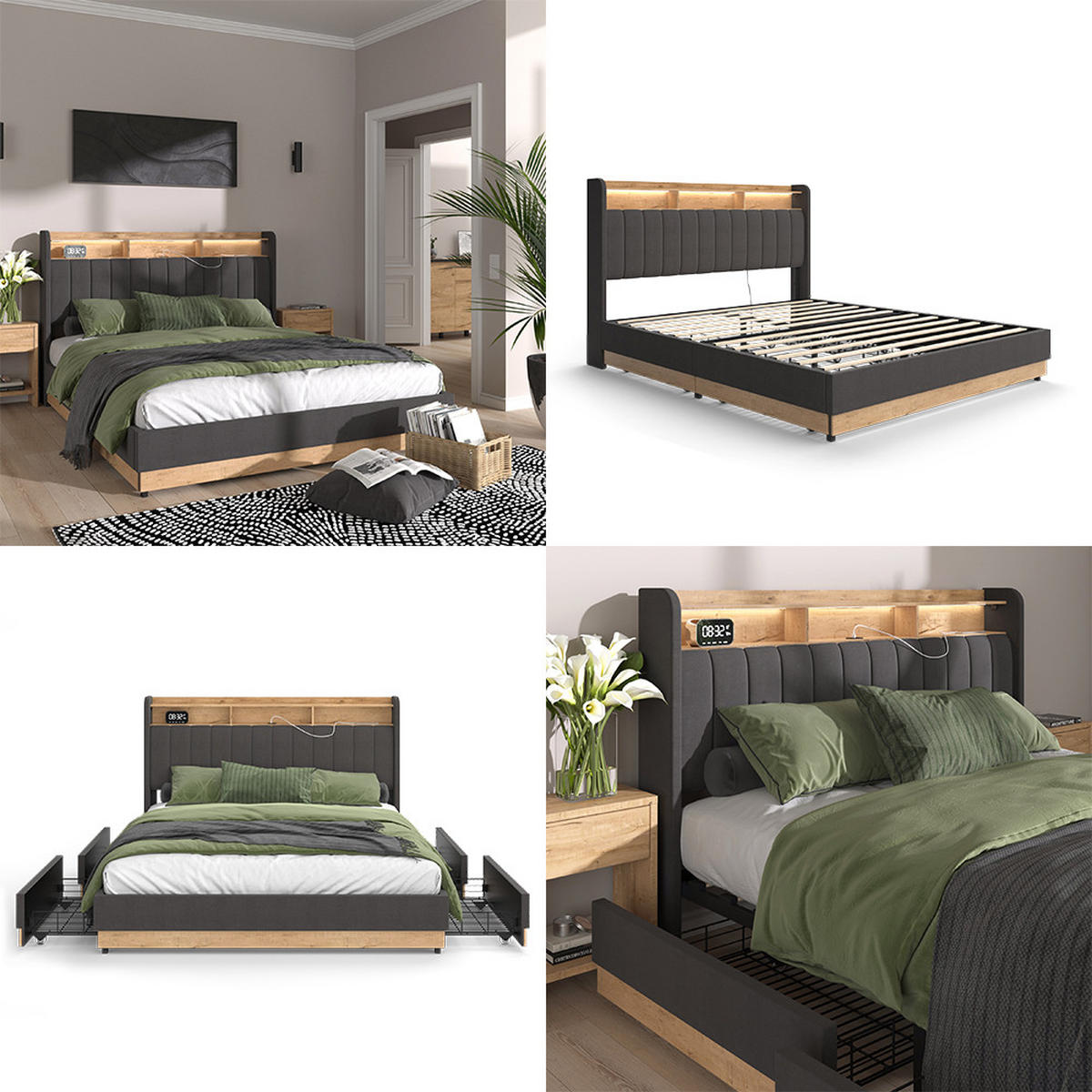 ČALOUNĚNÁ POSTEL Nura Antracit - antracitová/barva dubu, kompozitní dřevo - VitaliSpa