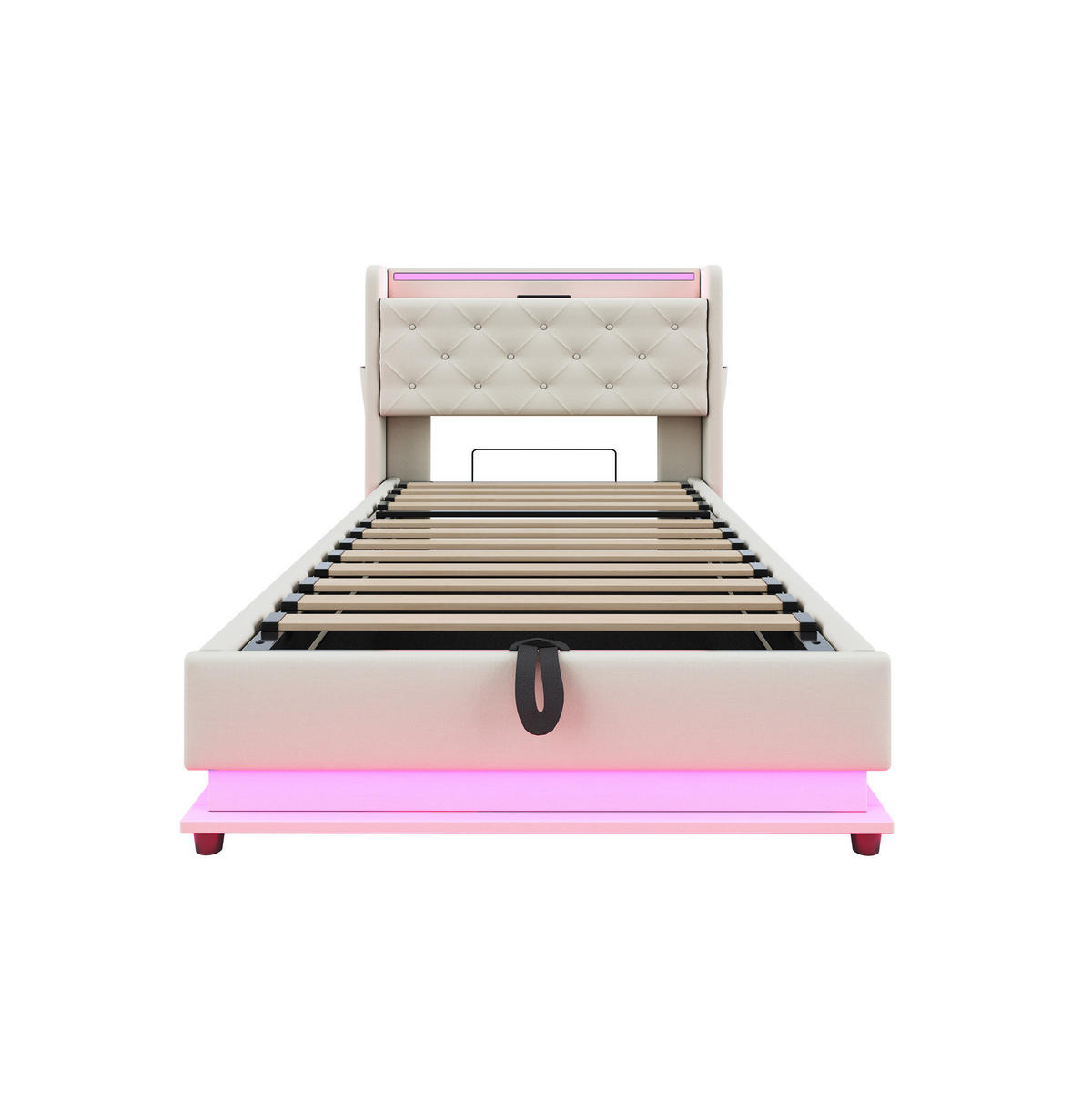 KINDEREINZELBETTEN aus Leinenstoff 90x200 cm in Beige mit LED & USB-Anschlüssen - Beige, Textil (90/200cm) - Modfu