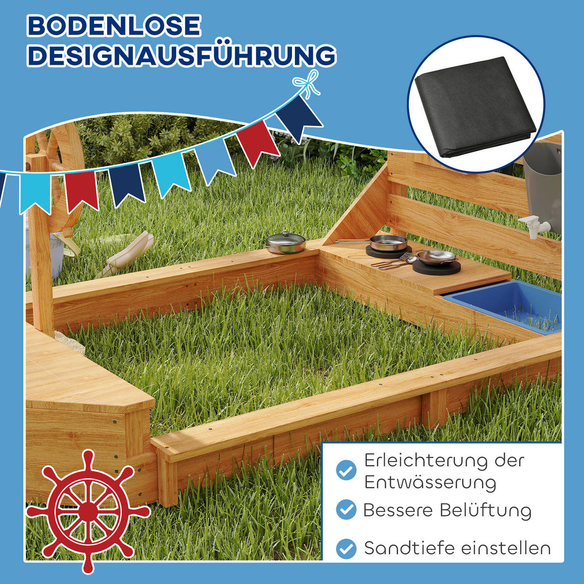 SANDKASTEN groß mit Abdeckung im Schiff Design Matschekiste aus Holz - Orange, Holz (180/103/144.5cm) - Outsunny