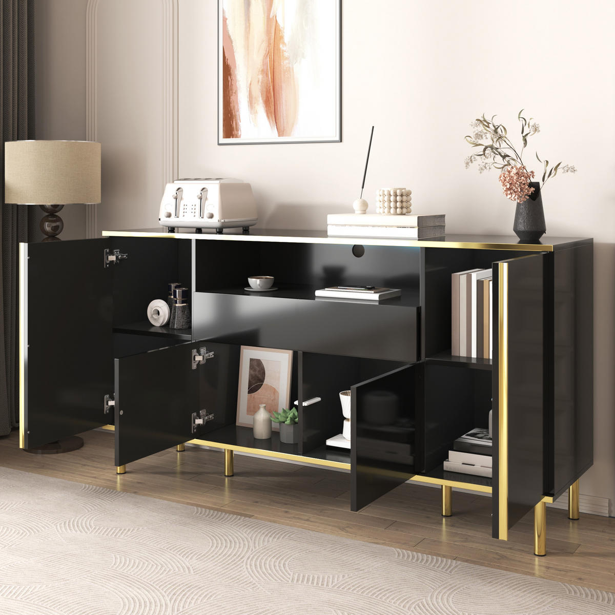 SIDEBOARD DE-38909 150/40/80 cm 4 Türen und 1 Schublade Schwarz - Schwarz, Holzwerkstoff (150/80/40cm) - ComfortXL