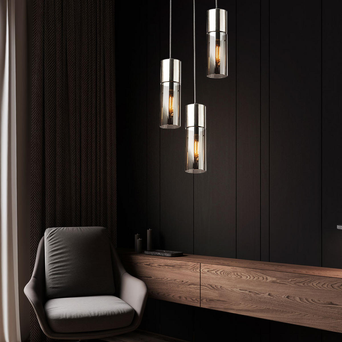 HÄNGELEUCHTE Metall Rauchglas Silber 3-flammig - Silberfarben, Glas (30/30/150cm) - Globo Lighting