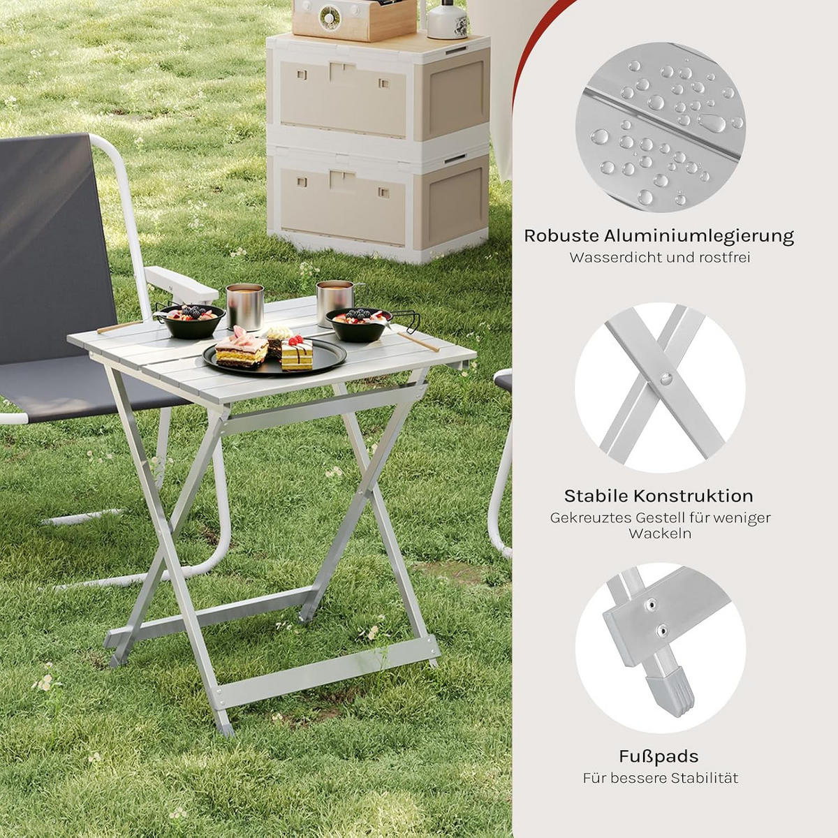 KLAPPTISCH Aluminium 50,5 x 47 x 59,5H cm Silber - Silberfarben, Metall (47/50.5/59.5cm) - Woltu