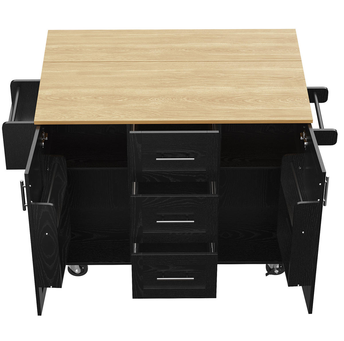KÜCHENWAGEN 135x74x87.2cm Schwarz mit Klappseiten, 3 Schubladen, Snackregal & 5 Rollen - Schwarz, Holzwerkstoff (135/87.2/74cm) - Modfu