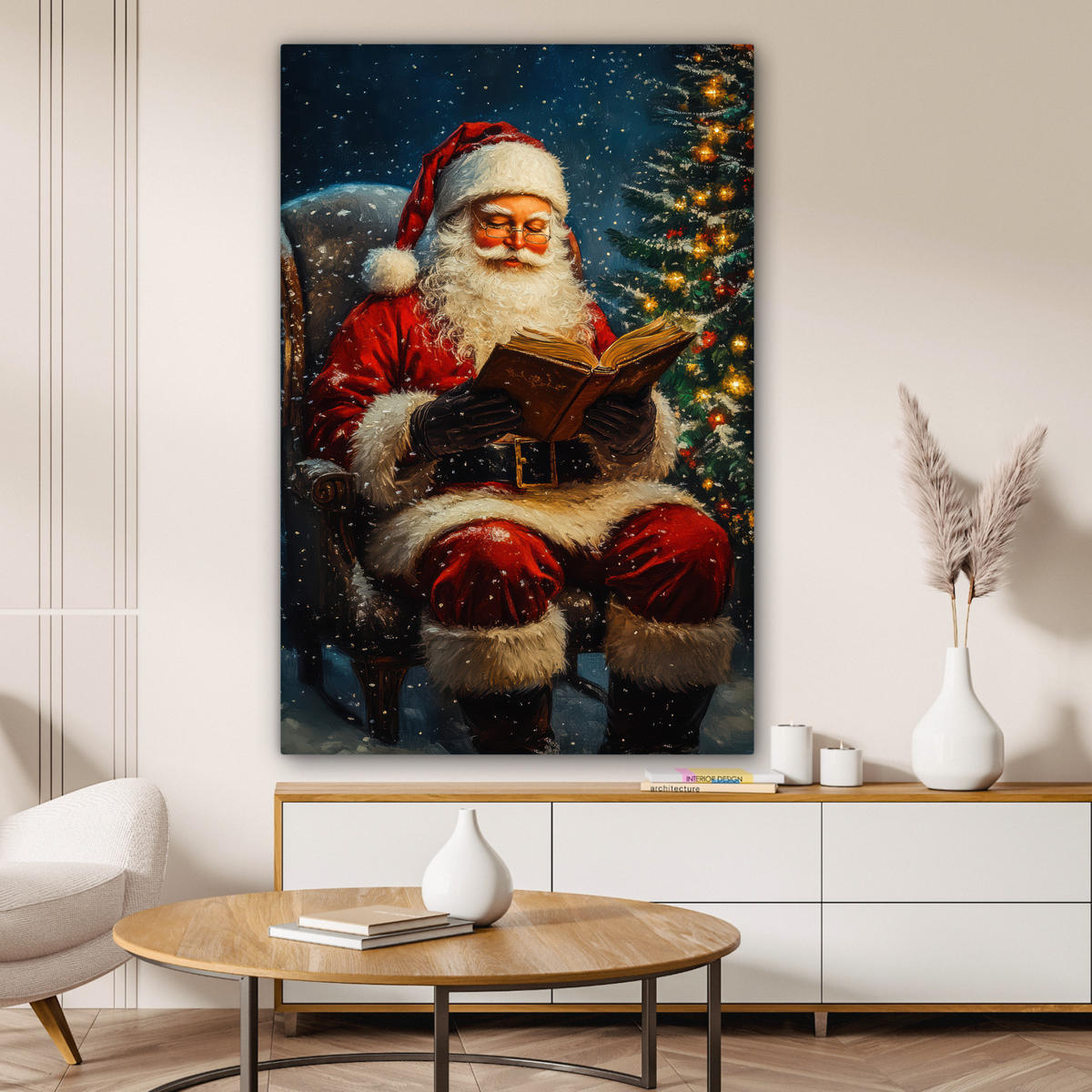 LEINWANDBILD Weihnachtsmann - Weihnachten - Winter - Weihnachtsbaum 80x120 cm - Bordeaux, Textil (80/120cm) - MuchoWow