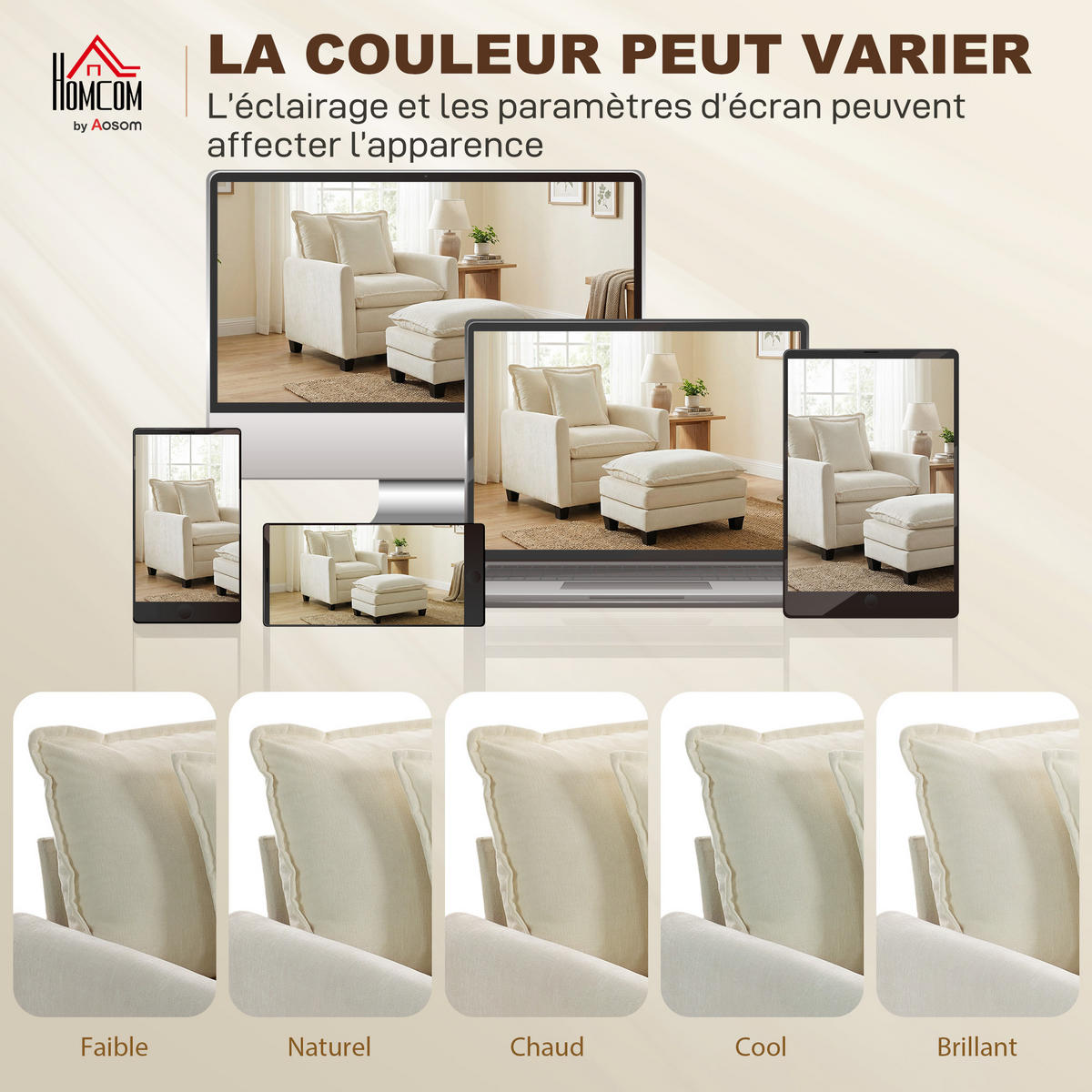 SESSEL DE-13505 mit Fußhocker, breite Sitzfläche, Chenille Creme - Creme, Textil (85/86/128cm) - ComfortXL