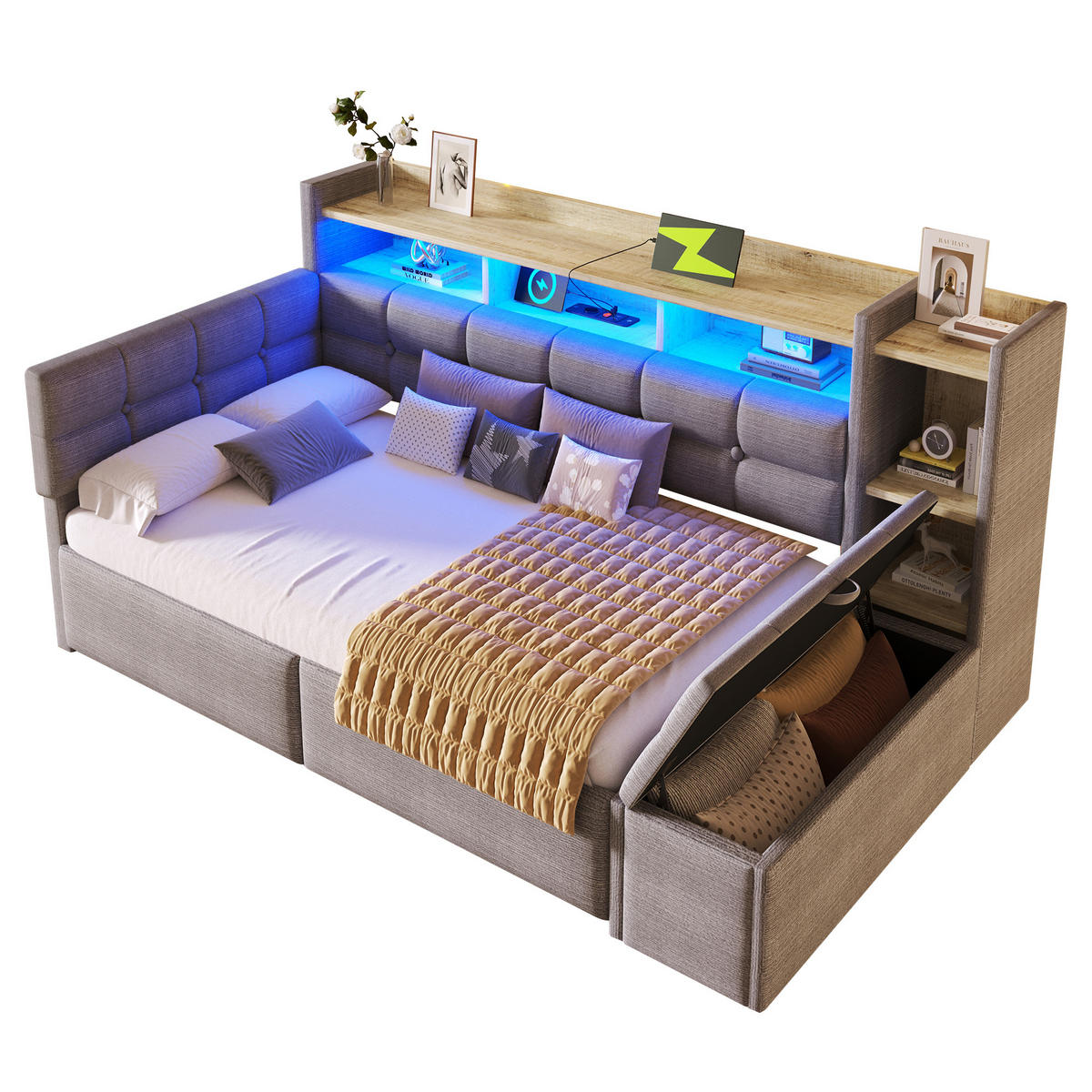 TAGEBETT 90x190cm Grau Samt 2 Schubladen USB LED-Licht - Grau, Holz (90/190cm) - FLIEKS