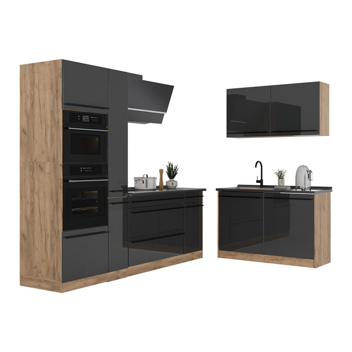 ROHOVÁ KUCHYŇ R-Line, Antracitový vysoký lesk/Zlatý mocný dub, 230 x 120 cm pracovná doska antracitová - antracitová/barva dubu, kompozitní dřevo (230/206.8/60cm) - Vicco