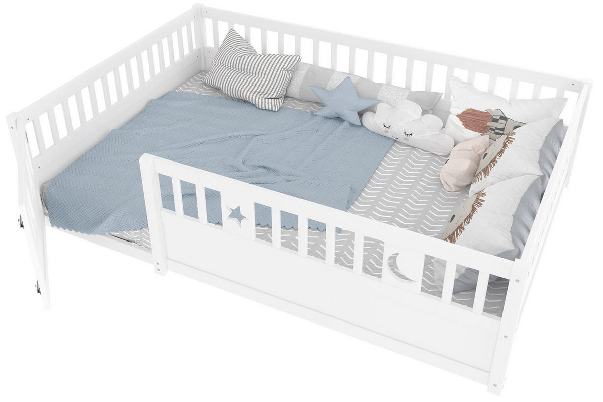 KINDERBETT aus Kiefer 140x190 cm Weiß mit Sicherheitsgitter, Zauntür mit Schloss und Stern-Mond-Dekor - Weiß, Holzwerkstoff (140/190cm) - Modfu
