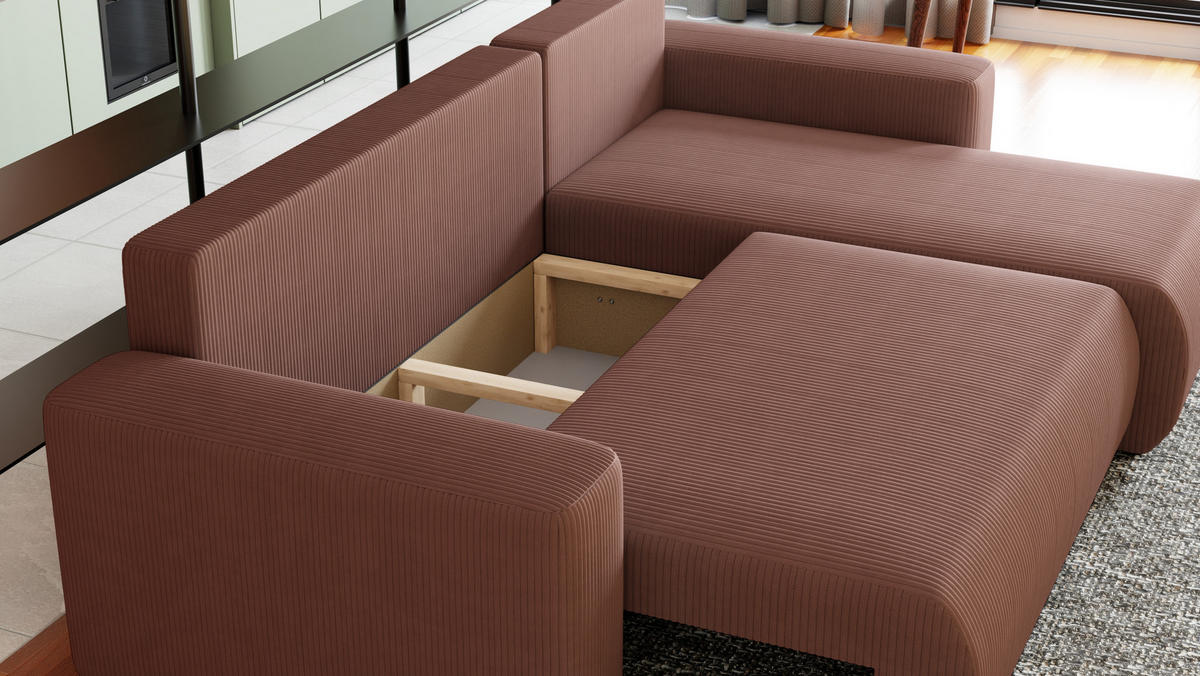 ECKSOFA Travis mit Bettkasten und Schlaffunktion, L-Form, Cord, Universal - Lila, Holzwerkstoff (248/148cm) - 4ALL HOME