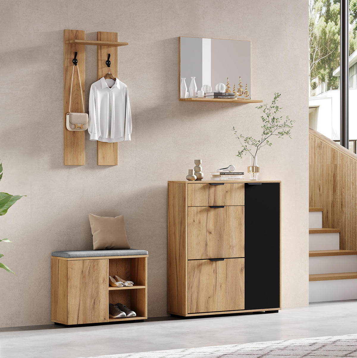 SCHUHSCHRANK aus Spanplatte 140x35x139cm in Natur mit Sitzbank & Spiegel - Naturfarben, Holzwerkstoff (140/139/35cm) - Modfu