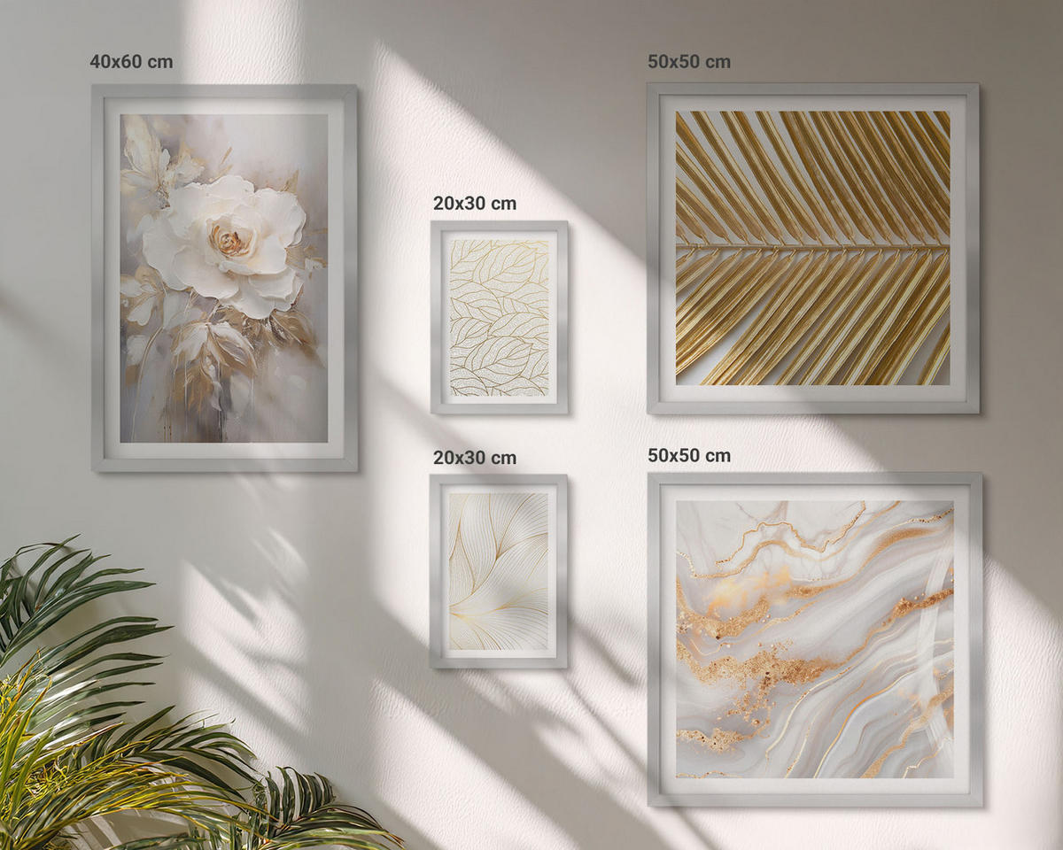 BILDER SET 5er Set - 50x50 cm & 20x30 cm & 40x60 cm Silberner Rahmen - Abstrakte Katzenmalereien - Silberfarben, Kunststoff (40/60cm) - TULUP