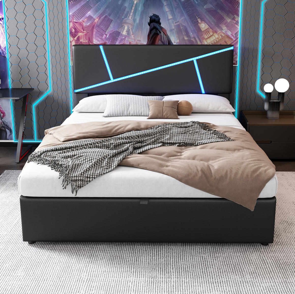 POLSTERBETT mit LED-Beleuchtung 90/200 cm mit Bettkasten und gepolstertem Kopfteil - Schwarz, Kunststoff (90/200cm) - BEAOK
