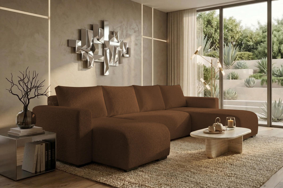 WOHNLANDSCHAFT DORA U mit Bettkasten und Schlaffunktion, U-Form, bequem - Braun, Textil (305/85/140cm) - Storez24