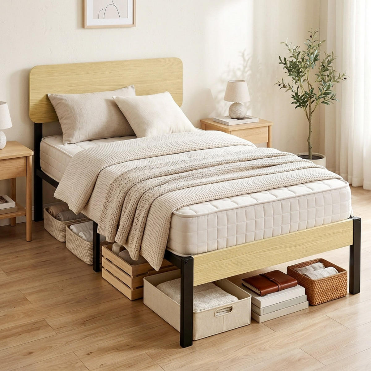 BETT 90/200 cm DE-32879 mit Kopfteil und Stauraum Schwarz - Naturfarben, Metall (90/200cm) - ComfortXL