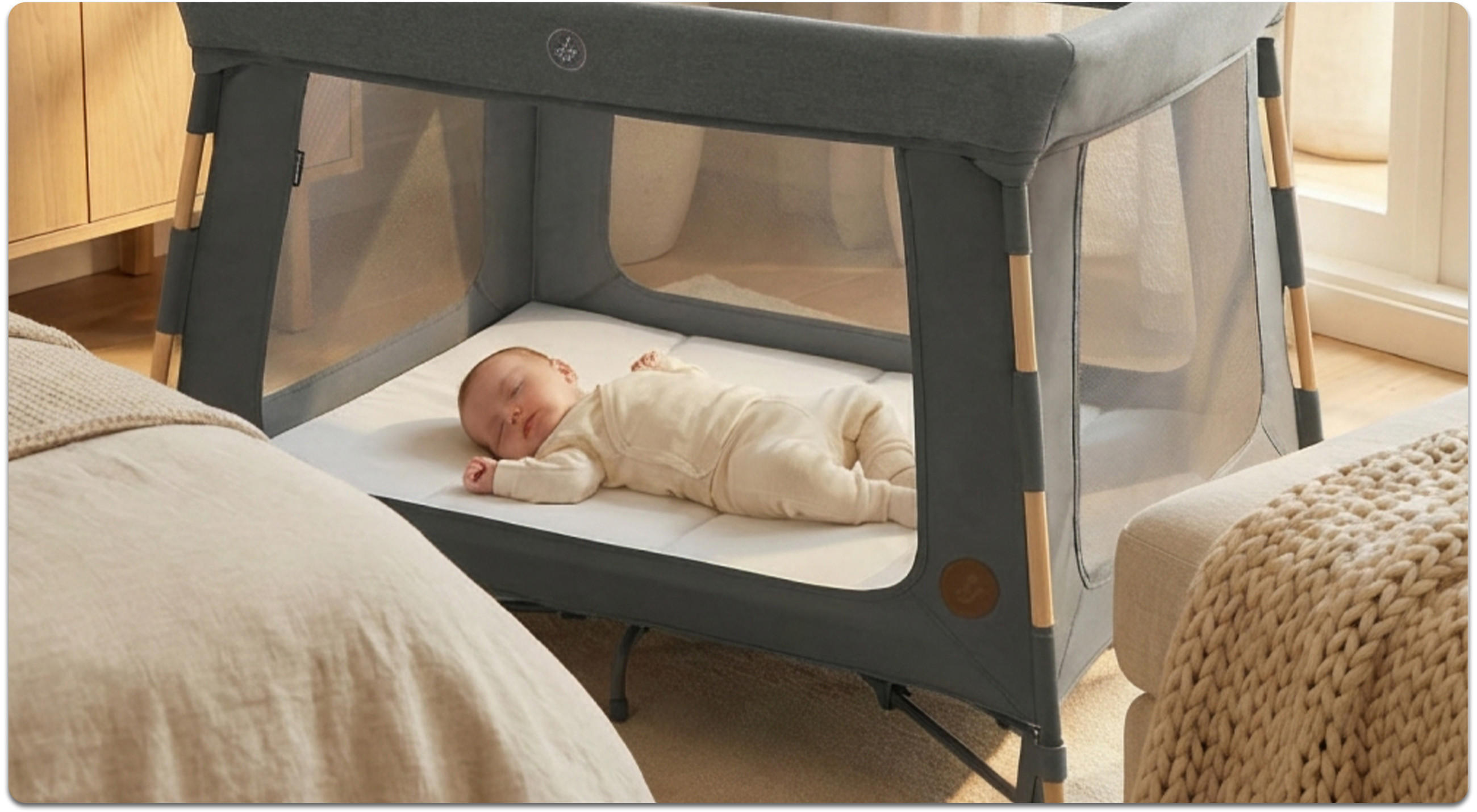 Baby schläft in einem grauen Reisebett in einem Hotelzimmer. Im Vordergrund sind im Anschnitt die Ecken zweier Hotelbetten mit beiger Bettwäsche zu sehen.