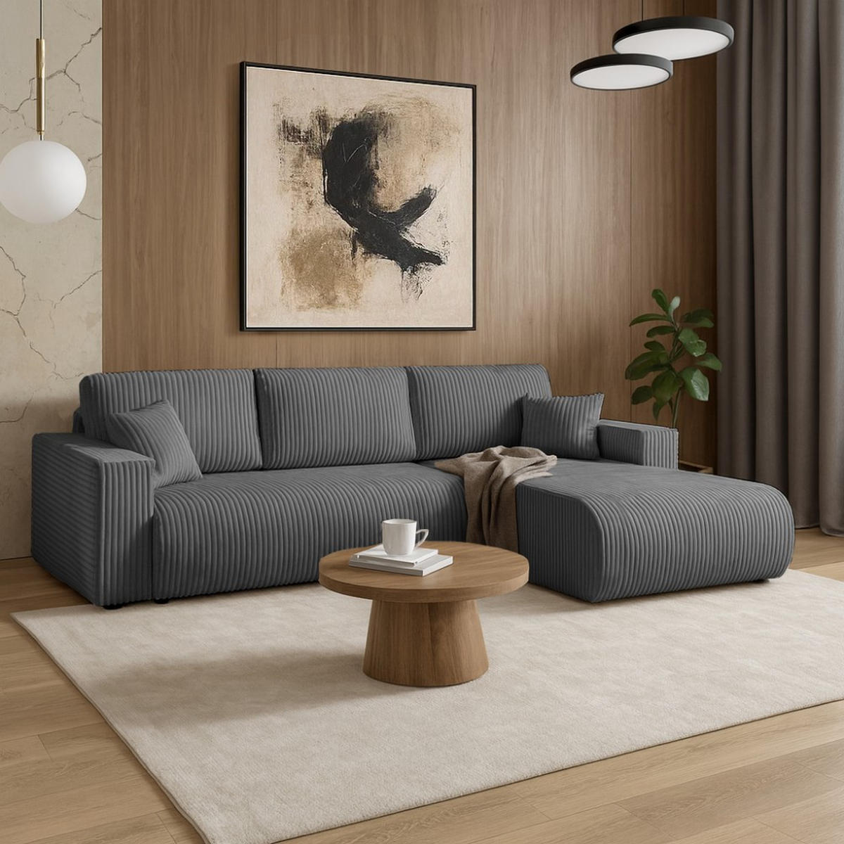 ECKSCHLAFSOFA Porto mit universelle Ottomane, Dunkelgrau - Dunkelgrau/Schwarz, Textil (288/190cm) - Beautysofa
