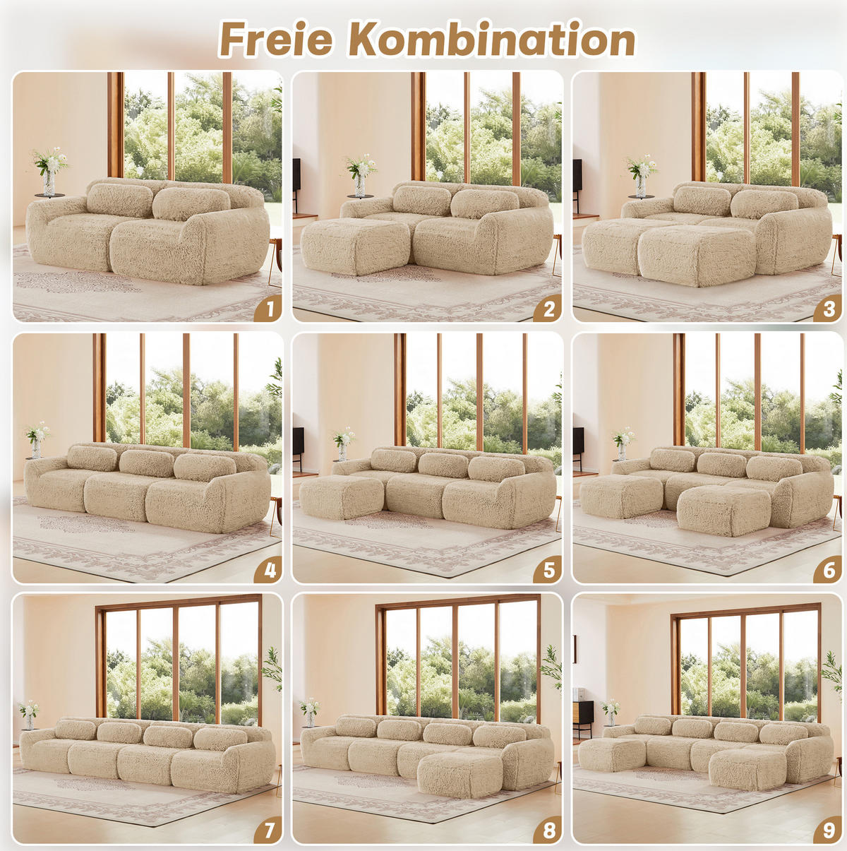 ECKSOFA aus Plüsch in Beige mit modularem Design - Beige, Textil (179/73/204cm) - Modfu