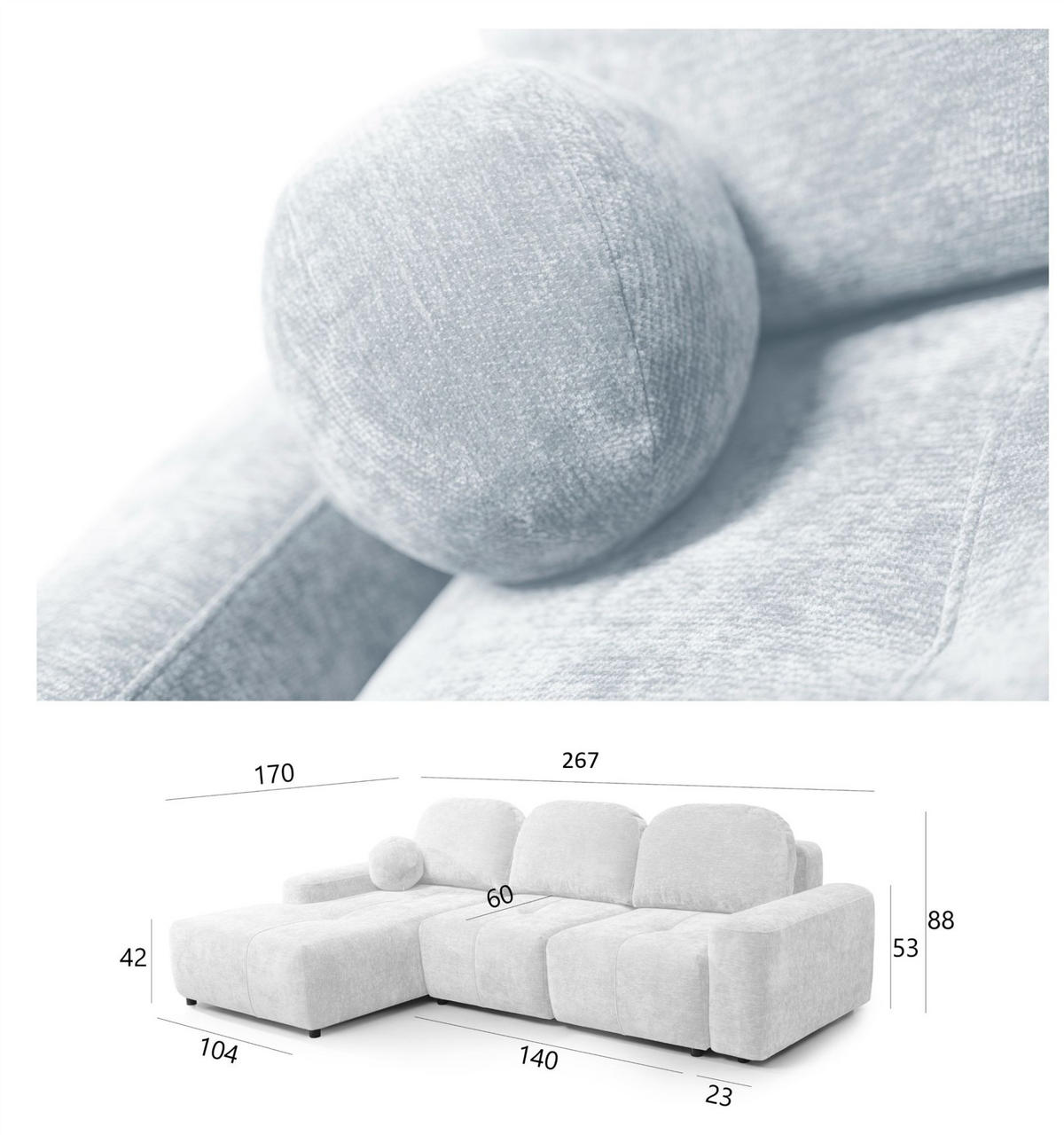 ECKSOFA Argos In Vibe - Hellblau, Holzwerkstoff/Textil (267/170cm) - Fun Möbel
