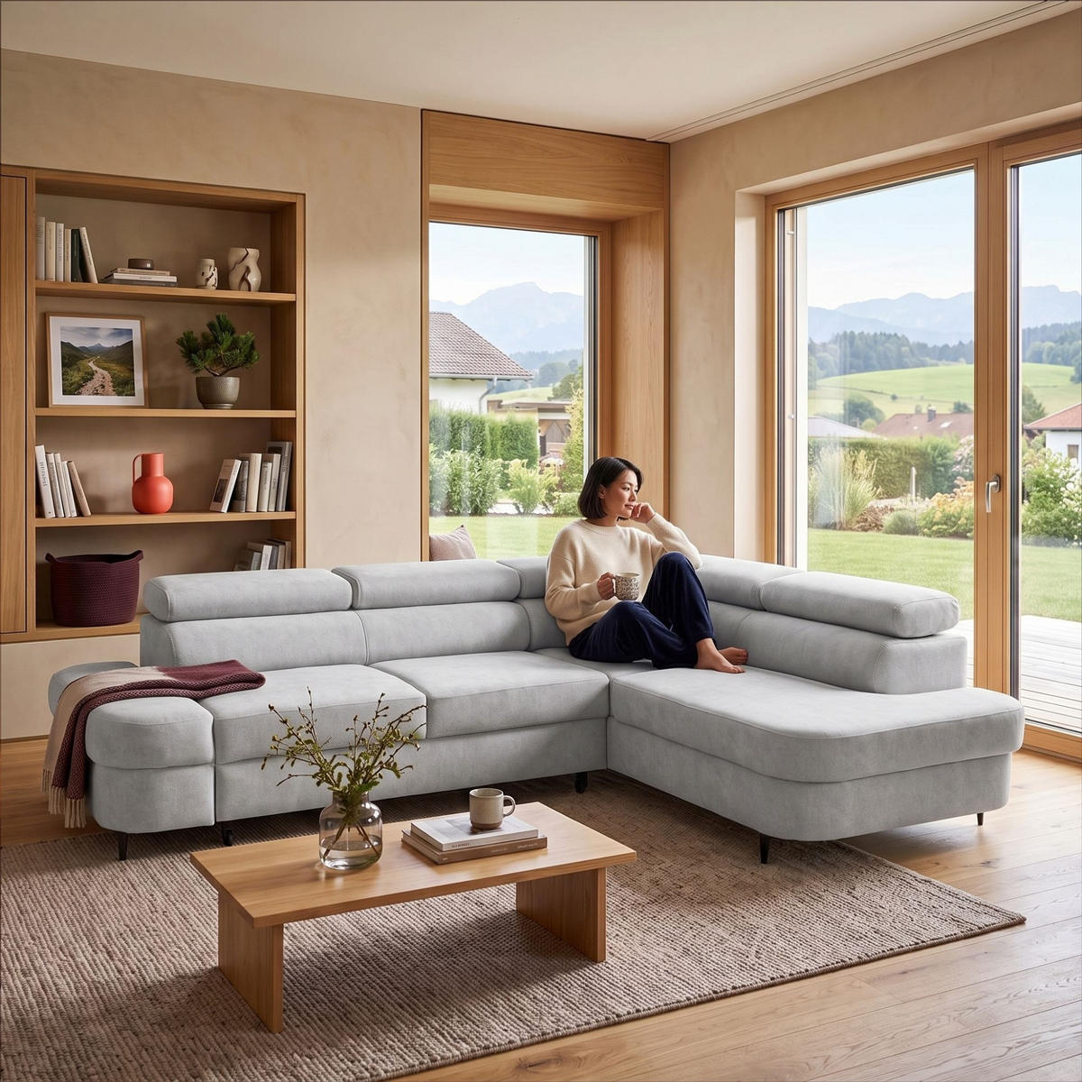 ECKSOFA PRIAM L Rechts mit Schlaffunktion 125x195 Velours Hellgrau - Hellgrau/Schwarz, Holz/Textil (203/275cm) - Muffo