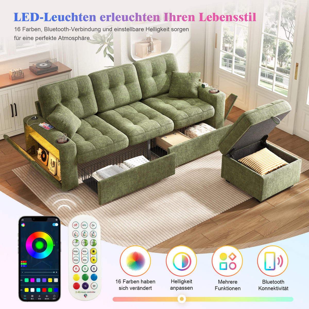 BIGSOFA mit Stauraum-Hocker, USB-C, LED und Getränkehaltern aus Chenille - Grün, Textil (194.5/83/133cm) - EVRYAE