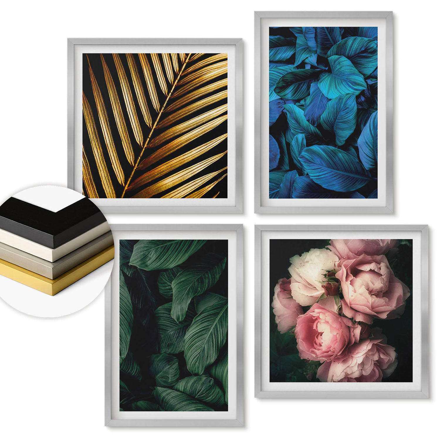 WANDBILDER 4er Set - 50x50 cm & 40x60 cm Silberner Rahmen - Blätter und Blüten in verschiedenen Farben - Silberfarben, Kunststoff (50/50cm) - ArtPrintCave