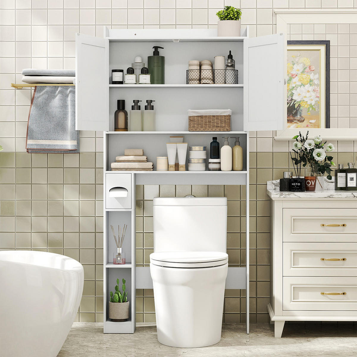 TOILETTENSCHRANK mit Doppeltüren weiß - Weiß, Holzwerkstoff (81.5/172.5/19.5cm) - COSTWAY