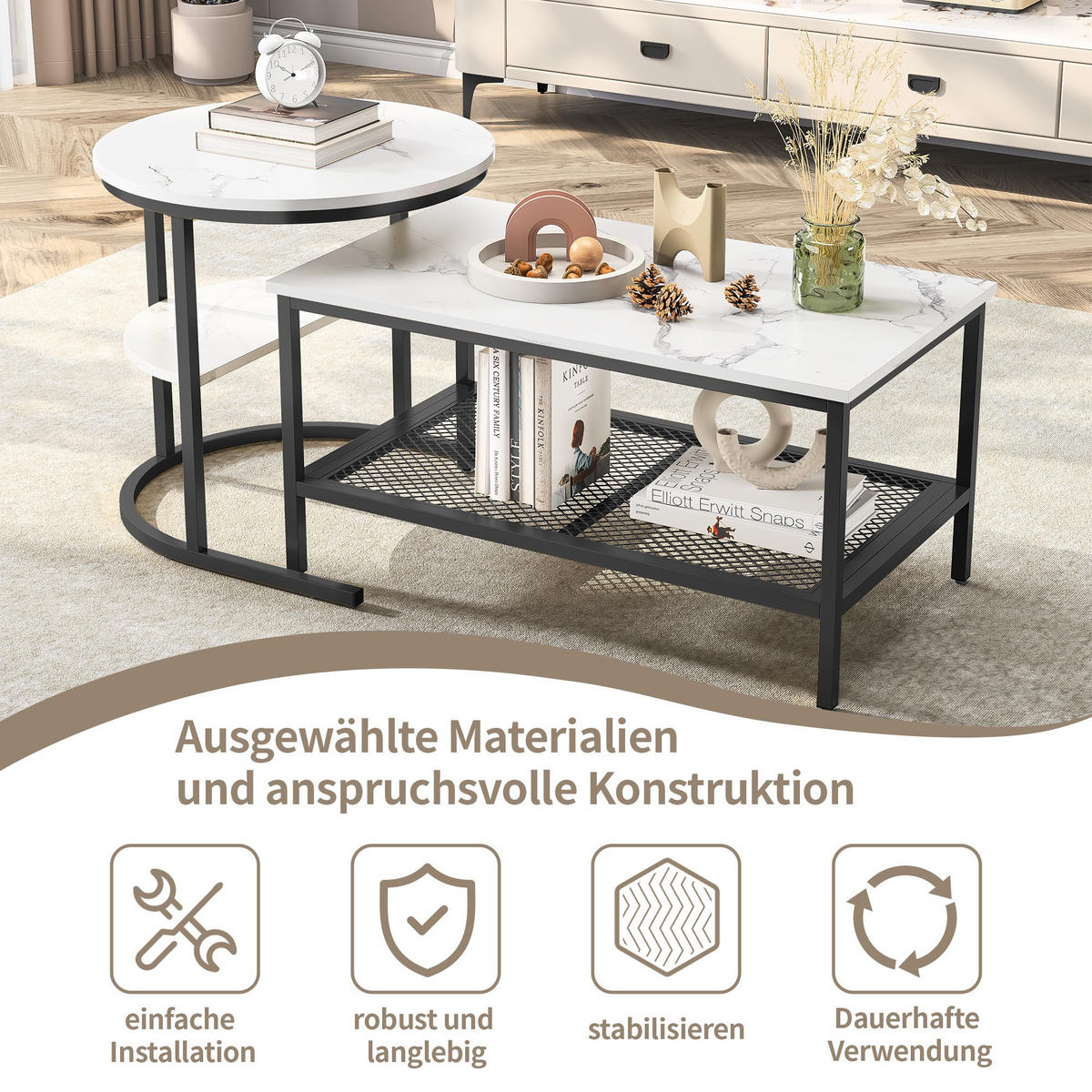 COUCHTISCH-SET 2-teilig Marmor-Optik mit schwarzem Metallrahmen - Schwarz, Metall (132/52/51cm) - DELFA