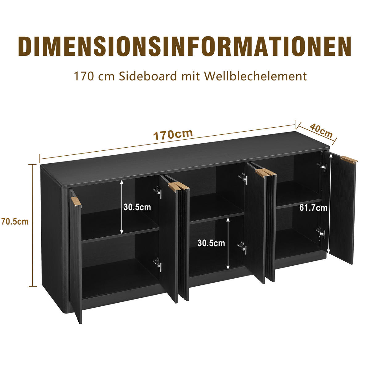 SIDEBOARD 170/40/70,5 cm in Schwarz mit 6 Türen und Wellenfront - Schwarz, Holzwerkstoff (170/70.5/40cm) - Flora Grace