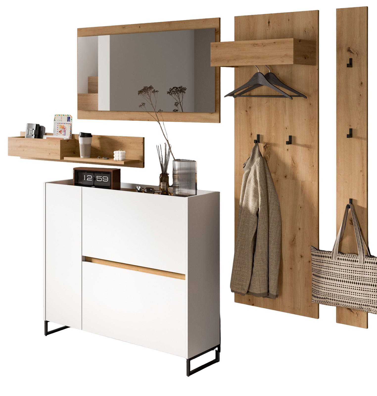 GARDEROBE-SET weiß und Artisan Eiche, Garderobe 5-teilig, 236 x 192 cm, Soft-Close, Borga - Schwarz/Weiß, Holzwerkstoff/Metall (236/192/32cm) - Inn.Furn