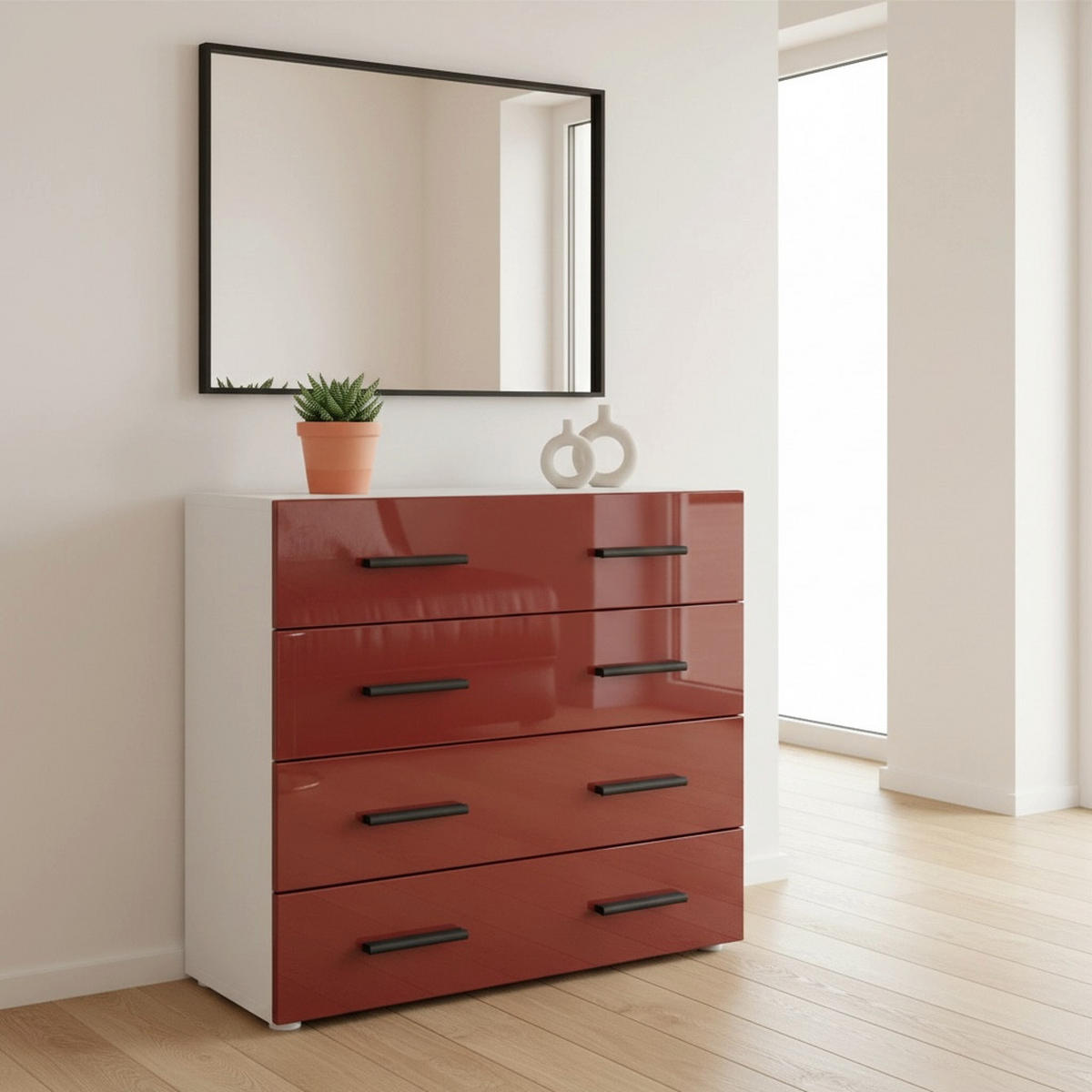 KOMMODE Den, Sideboard mit 4 Schubladen, Made in Germany, Moderner Schrank, Weiß matt / Bordeaux Hochglanz (76 x 72 x 35 cm) - Bordeaux, Holzwerkstoff (76/72/33cm) - InnoFurn