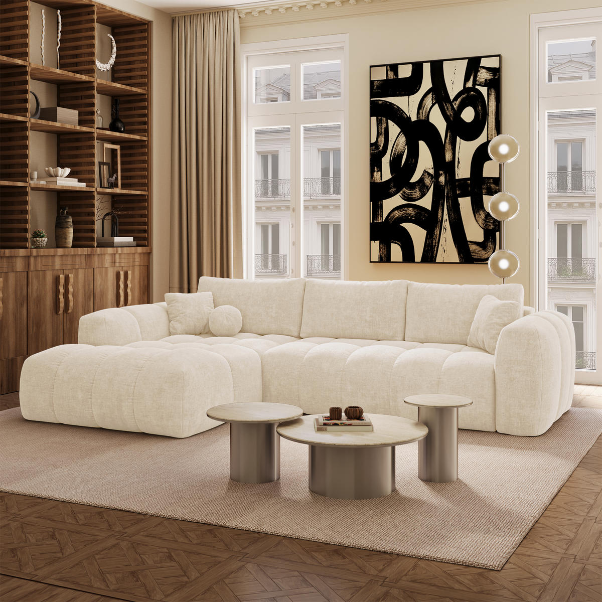 LINKSECK-SCHLAFSOFA mit Stauraum SKY Köpergewebe Creme 310cm - Creme, Textil (310/180cm) - Premium Interiors