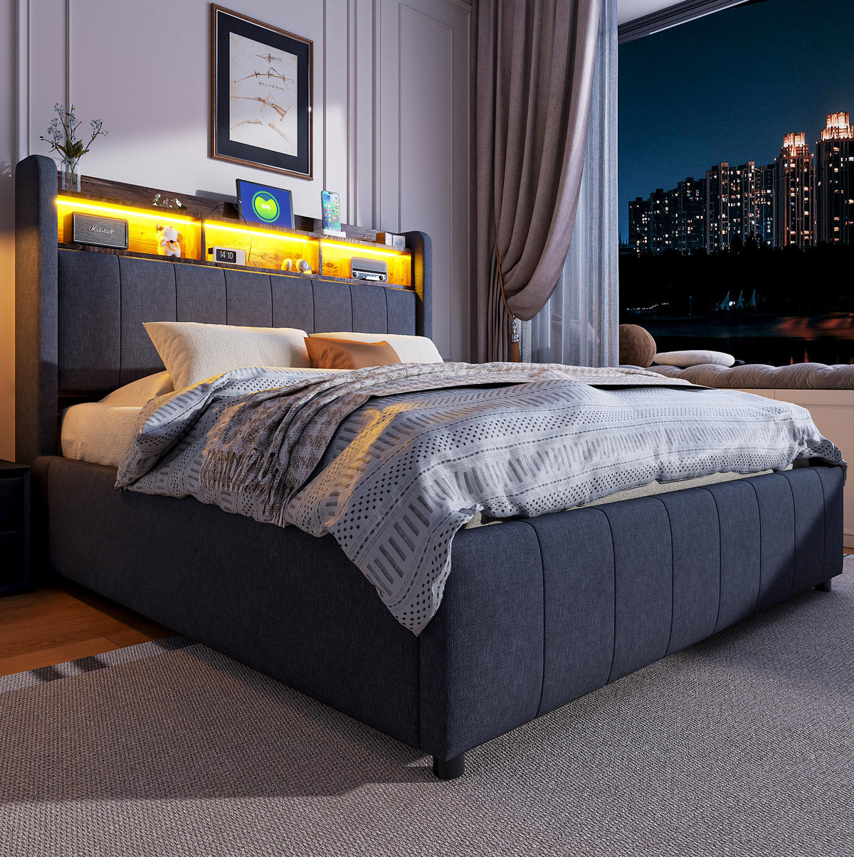 POLSTERBETT mit Stauraum und LED 140x200 cm Leinenstoff Grau - Grau, Metall (140/200cm) - Meubliv